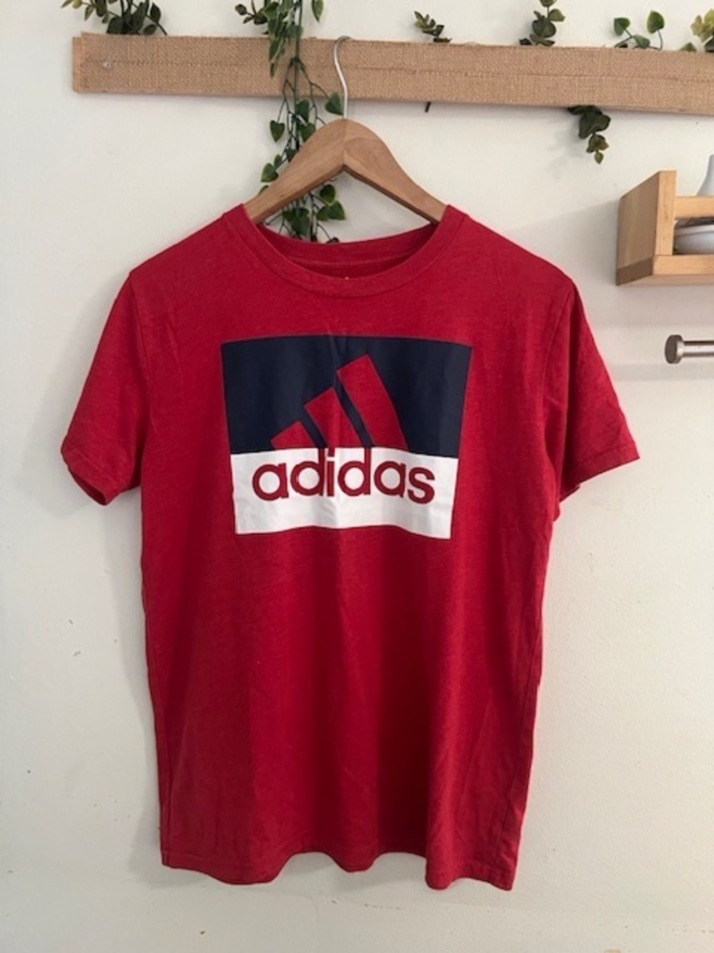 adidas Red Short Sleeve Logo Tee with Navy and White Block